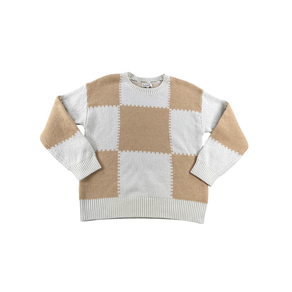 Bearpaw Mens Checkerboard Crewneck Sweater Tan White Knit Pullover Large